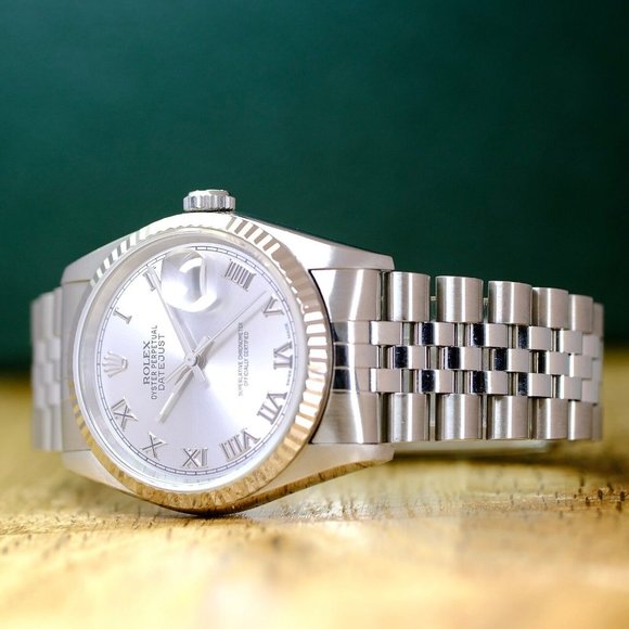 ROLEX DATEJUST UNISEX WATCH 36 MM SILVER ROMAN DIAL STEEL FLUTED JUBILEE 16234 - Picture 4 of 11